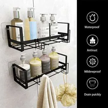 4 Pack Adhesive Shower Caddy Shelves Organizer Soap Dishes Holder with 4 Hooks, Rustproof Bathroom Shower Storage Rack, No Drilling Shampoo Holder Organizer, Wall Mounted Basket Shelves for Kitchen