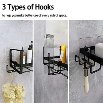 4 Pack Adhesive Shower Caddy Shelves Organizer Soap Dishes Holder with 4 Hooks, Rustproof Bathroom Shower Storage Rack, No Drilling Shampoo Holder Organizer, Wall Mounted Basket Shelves for Kitchen