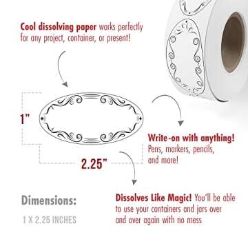 MESS Dissolvable Canning Labels for Jars - Dissolvable Food Labels - 1x2.25 in. 150/Roll - Removable Labels - Mason Jar Labels Stickers - Dissolvable Labels for Canning Jars - Jam, Preserves (Ovals)