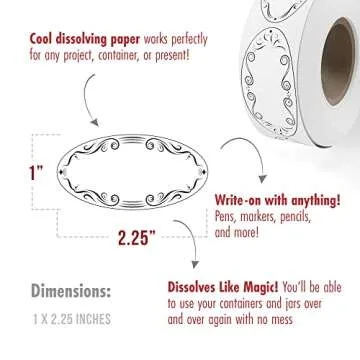 MESS Dissolvable Canning Labels for Jars - Dissolvable Food Labels - 1x2.25 in. 150/Roll - Removable Labels - Mason Jar Labels Stickers - Dissolvable Labels for Canning Jars - Jam, Preserves (Ovals)