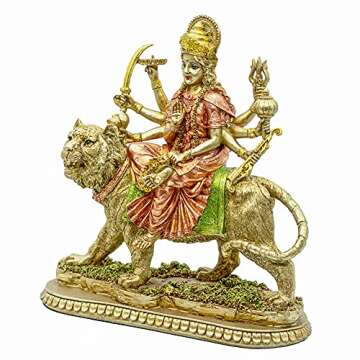 BangBangDa Hindu Goddess Durga Idol Statue - Durga On Tiger Figurine India Murti Home Mandir Temple Altar Puja Item Birthday Diwali Pooja Gifts for Indian Yoga Meditation Spritural Decor