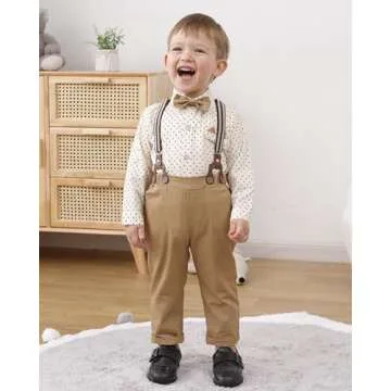 YALLET Toddler Baby Boy Clothes Suit Gentleman Outfits Formal Dress Shirt + Bowtie + Suspender Pants Wedding Party(L Beige, 4-5T)