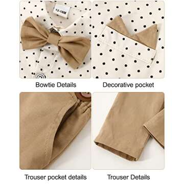 YALLET Toddler Baby Boy Clothes Suit Gentleman Outfits Formal Dress Shirt + Bowtie + Suspender Pants Wedding Party(L Beige, 4-5T)