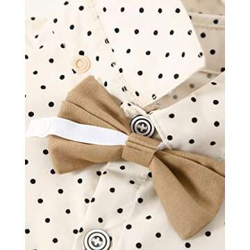 YALLET Toddler Baby Boy Clothes Suit Gentleman Outfits Formal Dress Shirt + Bowtie + Suspender Pants Wedding Party(L Beige, 4-5T)