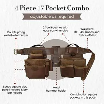 Style n Craft Leather Framer's Tool Belt Combo - 4 Piece Set for Men - Full-Grain Leather with 17 Pockets, Tape Holder & Hammer Loop - Heavy Duty Nylon Stitch - Ideal Carpenter's Tool Belt