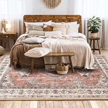 NOTASA 5x7 Area Rugs Boho Rug Washable Large Rugs for Living Room Non Slip Aztec Terracotta Oriental Vintage Carpet Moroccan Rug for Bedroom Bedside Dining Room Nursery Decor Flower (Peach/Orange)