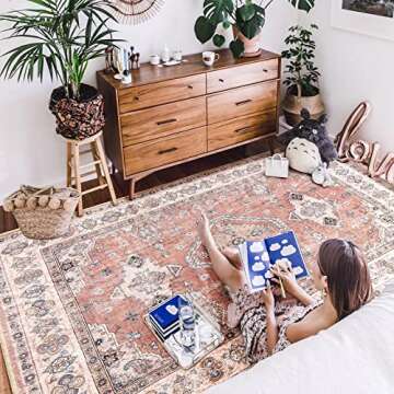 NOTASA 5x7 Area Rugs Boho Rug Washable Large Rugs for Living Room Non Slip Aztec Terracotta Oriental Vintage Carpet Moroccan Rug for Bedroom Bedside Dining Room Nursery Decor Flower (Peach/Orange)