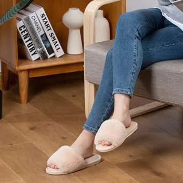 Parlovable Women's Faux Fur Slippers Fuzzy Flat Spa Fluffy Open Toe House Shoes Indoor Outdoor Slip on Memory Foam Slide Sandals Beige 7-8