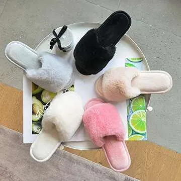 Parlovable Women's Faux Fur Slippers Fuzzy Flat Spa Fluffy Open Toe House Shoes Indoor Outdoor Slip on Memory Foam Slide Sandals Beige 7-8