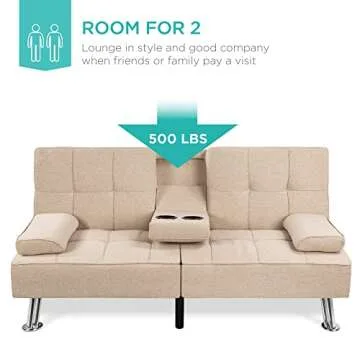 Best Choice Products Linen Modern Folding Futon, Reclining Sofa Bed for Apartment, Dorm w/Removable Armrests, 2 Cupholders - Beige