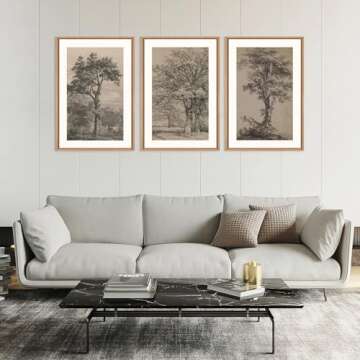 KAIRNE Vintage Tree Sketch Wall Art Set, Antique Tree Drawings Wall Decor, Nature Sketch Wall Painting, Framed Botanical Canvas Art Prints for Living Room, Bedroom, Dinning Room, Farmhouse - 16"x24"x3