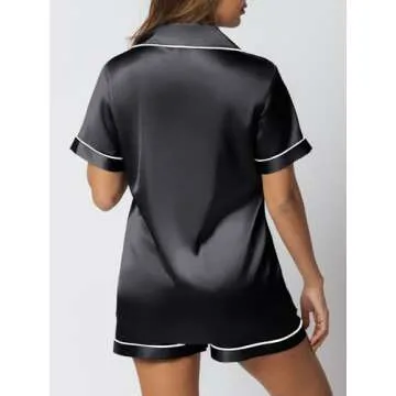 LILLUSORY Silk Satin Pajama Set for Women 2 Piece Lounge Pjs Shorts Matching Summer Sleepwear Button Down Shirt Shorts Black L