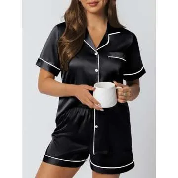 LILLUSORY Silk Satin Pajama Set for Women 2 Piece Lounge Pjs Shorts Matching Summer Sleepwear Button Down Shirt Shorts Black L