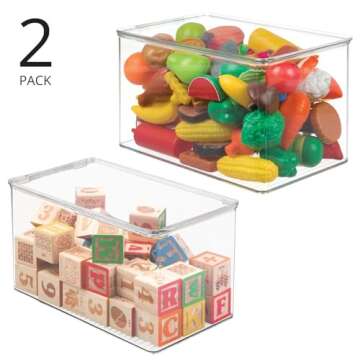 mDesign Plastic Stackable Toy Storage Bin Container Box, Hinge Lid for Organizing Living Room, Play Room, Bedroom, Nursery, Hold Blocks, Puzzles, Books, Lumiere Collection, 2 Pack - Clear