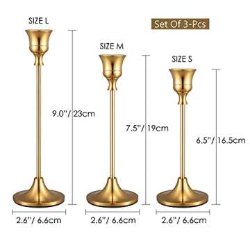 PNAVMG Gold Candlestick Holders Taper Candle Holder - Set of 3 Pcs Brass Gold Candle Stick Holder Ce...