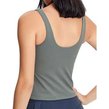 POSHDIVAH Women Sports Bra Longline Padded Tank Top Naked Feeling Workout Fitness Running Yoga Tops Gray Green Medium