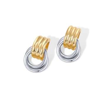 PAVOI 14K Gold Plated Two-Toned Trendy Chunky Geometric Dangle Earrings for Women | Mixed-Metals White & Yellow Gold Statement Earring Pair