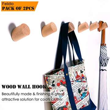 Felidio Wall Hooks, Natural Wood Coat Hooks Wall Mounted (2 Pack) - Rustic Wall Coat Rack Hat Hooks ...