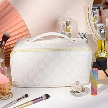 SOIDRAM Large Capacity Travel Cosmetic Bag Makeup Bag Checkered Leather Makeup Bag Organizer Women Portable Toiletry Bag Flat Lay Everything Cosmetic Bag White