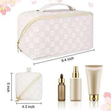 SOIDRAM Large Capacity Travel Cosmetic Bag Makeup Bag Checkered Leather Makeup Bag Organizer Women Portable Toiletry Bag Flat Lay Everything Cosmetic Bag White