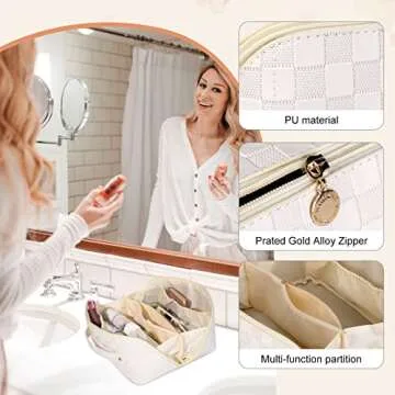 SOIDRAM Large Capacity Travel Cosmetic Bag Makeup Bag Checkered Leather Makeup Bag Organizer Women Portable Toiletry Bag Flat Lay Everything Cosmetic Bag White