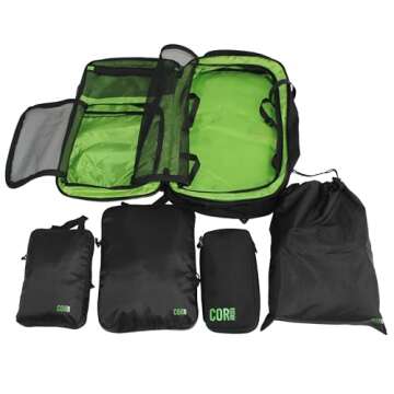 COR Surf Carry On Travel Backpack Bundle | Island Hopper Travel Backpack with Toiletry Bag and Compression Packing Cube Set (40L, Black)