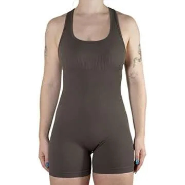 AUROLA Power Romper for Women Workout Yoga Gym Seamless One Piece Racerback Jumpsuit Tummy Control Padded Sports Bra,Chestnut Brown,M