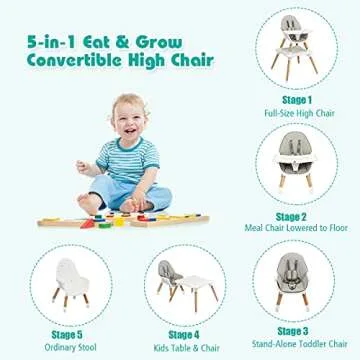 HONEY JOY Baby High Chair, 5-in-1 Convertible Wooden Highchair for Babies and Toddlers/Table and Cha...