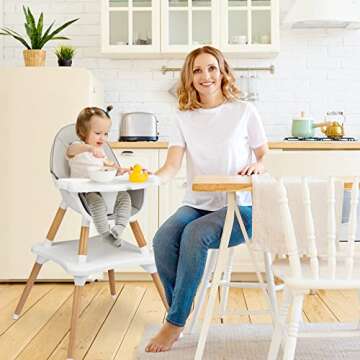 HONEY JOY Baby High Chair, 5-in-1 Convertible Wooden Highchair for Babies and Toddlers/Table and Chair Set/Toddler Chair with Safety Harness, 4-Position Removable Feeding Tray (Gray)