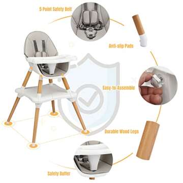 HONEY JOY Baby High Chair, 5-in-1 Convertible Wooden Highchair for Babies and Toddlers/Table and Chair Set/Toddler Chair with Safety Harness, 4-Position Removable Feeding Tray (Gray)