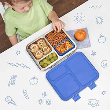 Bentgo Kids Stainless Steel Leak-Resistant Lunch Box - 3-Compartment Bento Style Lunch Box with Bonus Container - Eco-Friendly, Dishwasher Safe, BPA-Free, Ages 3+, Patented Design (Blue)