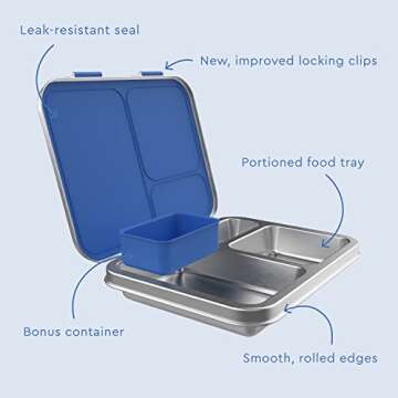 Bentgo Kids Stainless Steel Leak-Resistant Lunch Box - 3-Compartment Bento Style Lunch Box with Bonus Container - Eco-Friendly, Dishwasher Safe, BPA-Free, Ages 3+, Patented Design (Blue)