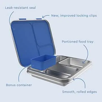 Bentgo Kids Stainless Steel Leak-Resistant Lunch Box - 3-Compartment Bento Style Lunch Box with Bonus Container - Eco-Friendly, Dishwasher Safe, BPA-Free, Ages 3+, Patented Design (Blue)