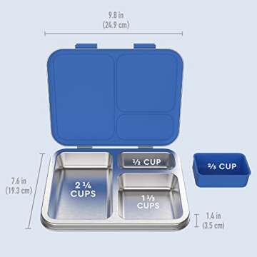 Bentgo Kids Stainless Steel Leak-Resistant Lunch Box - 3-Compartment Bento Style Lunch Box with Bonus Container - Eco-Friendly, Dishwasher Safe, BPA-Free, Ages 3+, Patented Design (Blue)
