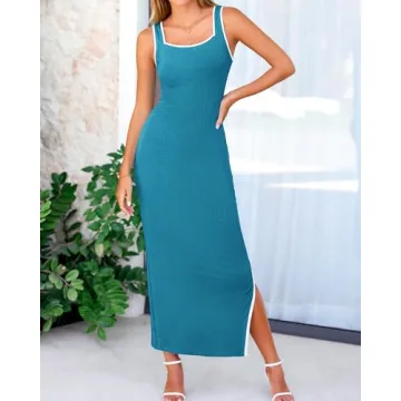 BTFBM Women's 2025 Summer Knit Bodycon Maxi Dress Sleeveless Square Neck Slit Tank Party Club Ribbed Sweater Dresses(Solid Lake Blue, Medium)