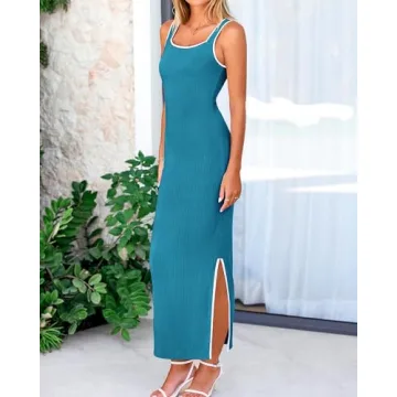 BTFBM Women's 2025 Summer Knit Bodycon Maxi Dress Sleeveless Square Neck Slit Tank Party Club Ribbed Sweater Dresses(Solid Lake Blue, Medium)