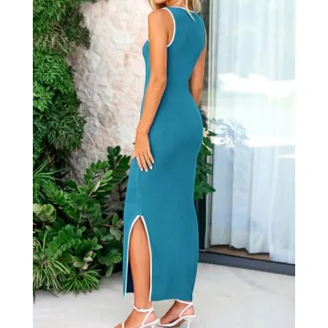 BTFBM Women's 2025 Summer Knit Bodycon Maxi Dress Sleeveless Square Neck Slit Tank Party Club Ribbed Sweater Dresses(Solid Lake Blue, Medium)