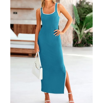 BTFBM Women's 2025 Summer Knit Bodycon Maxi Dress Sleeveless Square Neck Slit Tank Party Club Ribbed Sweater Dresses(Solid Lake Blue, Medium)