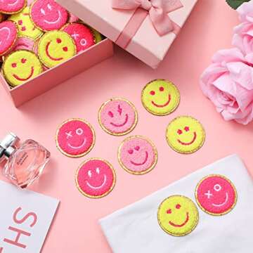 48 Pcs Happy Face Iron on Patches Self Adhesive Smile Face Patch Glitter Chenille Preppy Patches for...