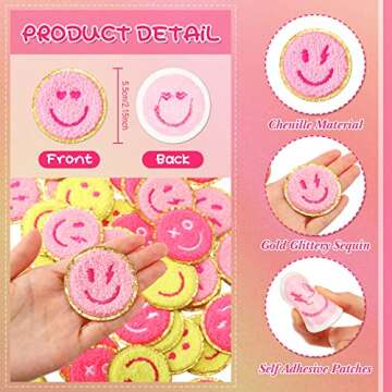 48 Pcs Happy Face Iron on Patches Self Adhesive Smile Face Patch Glitter Chenille Preppy Patches for Hats Backpacks Jackets Dress Clothes DIY Craft Decorative Embroidery