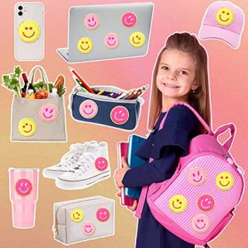 48 Pcs Happy Face Iron on Patches Self Adhesive Smile Face Patch Glitter Chenille Preppy Patches for Hats Backpacks Jackets Dress Clothes DIY Craft Decorative Embroidery