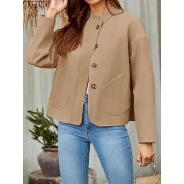 Tankaneo Womens Short Pea Coats Oversized Long Sleeve Button Down Casual Bomber Jackets with Pockets
