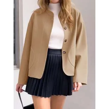 Tankaneo Womens Short Pea Coats Oversized Long Sleeve Button Down Casual Bomber Jackets with Pockets