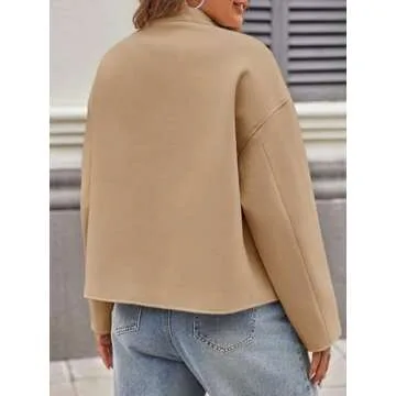 Tankaneo Womens Short Pea Coats Oversized Long Sleeve Button Down Casual Bomber Jackets with Pockets