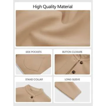 Tankaneo Womens Short Pea Coats Oversized Long Sleeve Button Down Casual Bomber Jackets with Pockets