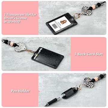 Teacher Lanyard for ID Badges and Keys, Cute Safety Breakaway Beaded Lanyards for Women, Nurses, Students, Office Employees with Bling Card Holder and Pen Holder (A)