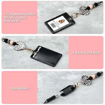 Teacher Lanyard for ID Badges and Keys, Cute Safety Breakaway Beaded Lanyards for Women, Nurses, Students, Office Employees with Bling Card Holder and Pen Holder (A)