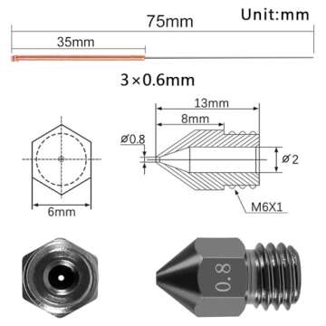 Aokin 3 Pcs 0.8mm Hardened Steel Nozzles MK8 Nozzles 3D Printer Nozzles and 3 Pcs 0.6mm Stainless St...
