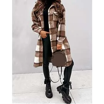 PUWEI Women's Long Flannel Plaid Jacket Shacket Cozy Lapel Button Down Shirt Jacket Fuzzy Trench Coa...