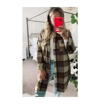 PUWEI Women's Long Flannel Plaid Jacket Shacket Cozy Lapel Button Down Shirt Jacket Fuzzy Trench Coat(1448-Coffee-M)